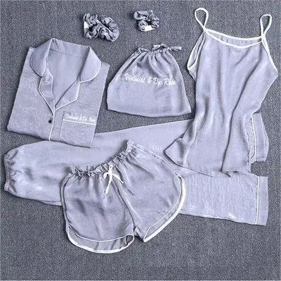 Gray QWEEK, сексуальные пижамы, женские летние атласные пижамы, женские пижамы, 7 шт., новинка, шелковые женские пижамы, набор, свободные пижамы, Прямая поставка - Цвет: Gray