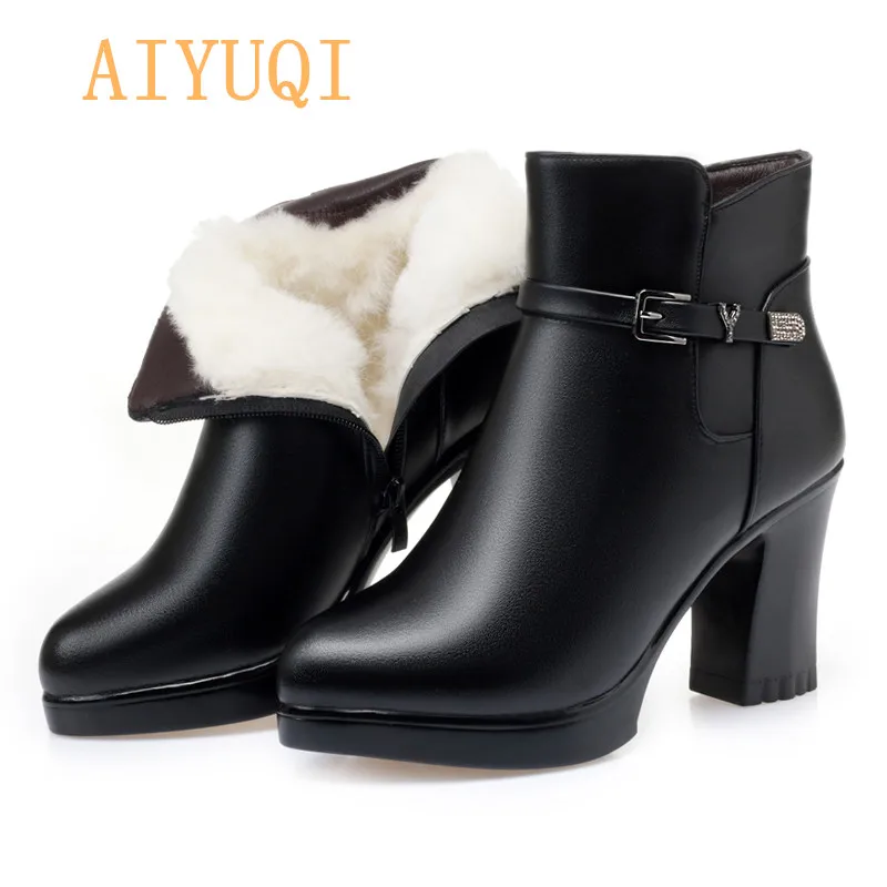 

AIYUQI Women Warm Square Heels Ankle Snow Boots Genuine Leather women winter boots 2019 New High-heeled platform women's boots
