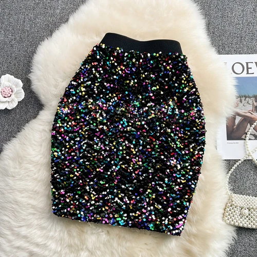 Elastic High Waist A- Line Sequins Velvet Skirt Women 2021 Autumn Winter New Slimming Hippie One-Step Mini Skirt Mujer Faldas Blue