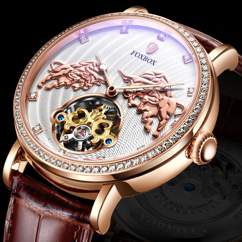 

FOXBOX Brand 3D Bullfighting Classic Mens Retro Watches Automatic Mechanical Watch Genuine Leather Waterproof Tourbillon Clock