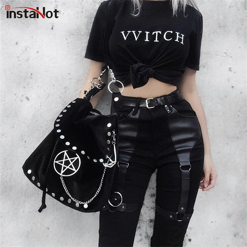 

InstaHot Black Patchwork Leather PU Pencil Pants Women Autumn High Street Casual Elasitc Wiast Streetwear Trousers Lady Capris