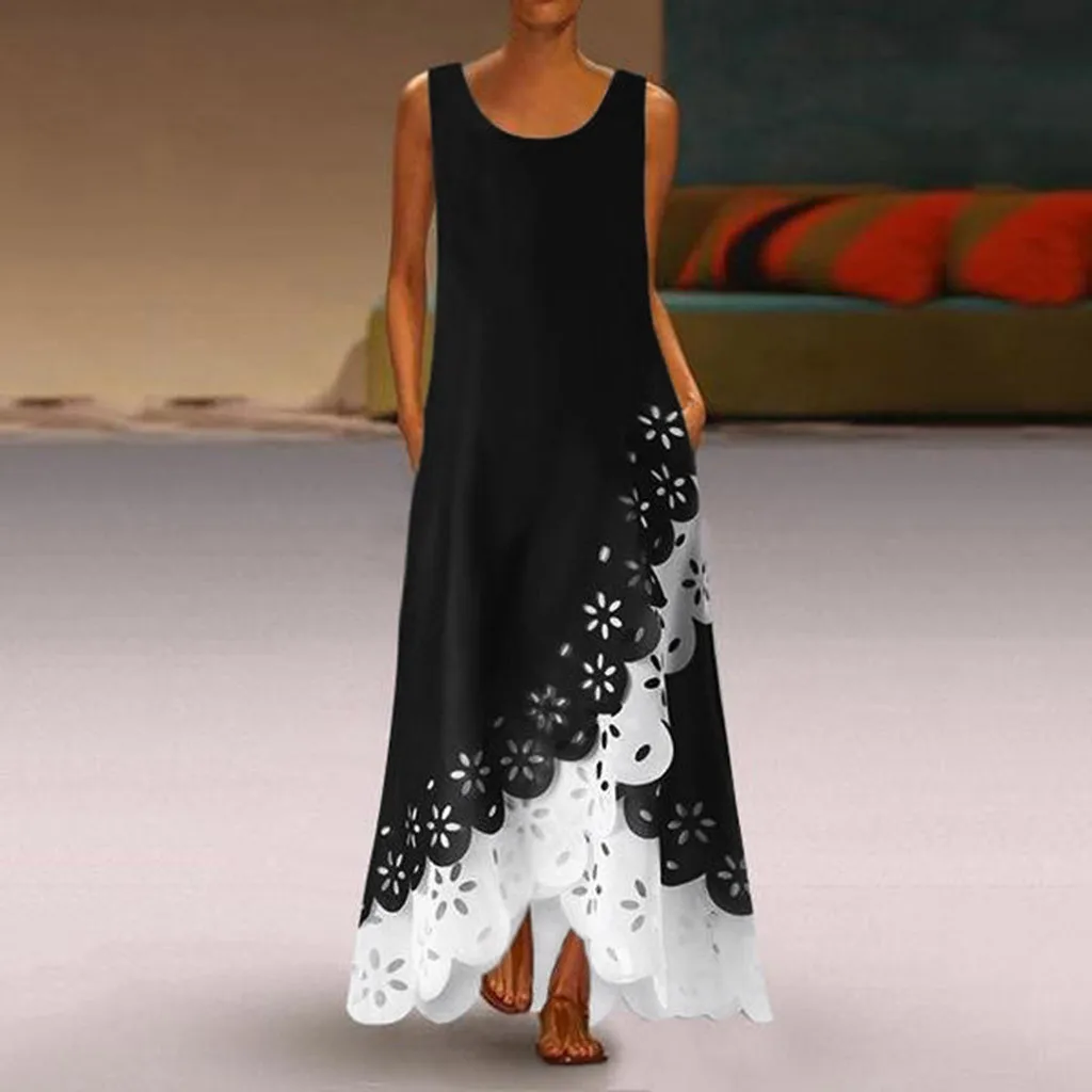MAXIORILL длинное платье женские богемное платье женское летнее платье без рукавов с круглым вырезом и принтом пляжное платье#3 - Цвет: E