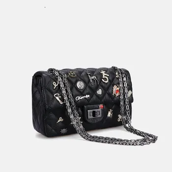 

Women New Fashion Black PU with Cute Badge Letters Pattern Diamond Lattice Flap Chain Strap Shoulder Bag Crossbody Office Daily