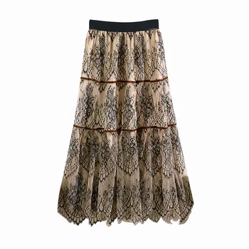 

2020 Lace Patchwork Skirts Women Clothes Fashion Casual Summer High Waist Hollow Out Hook Flower Pleated A-line Skirt Saia W20