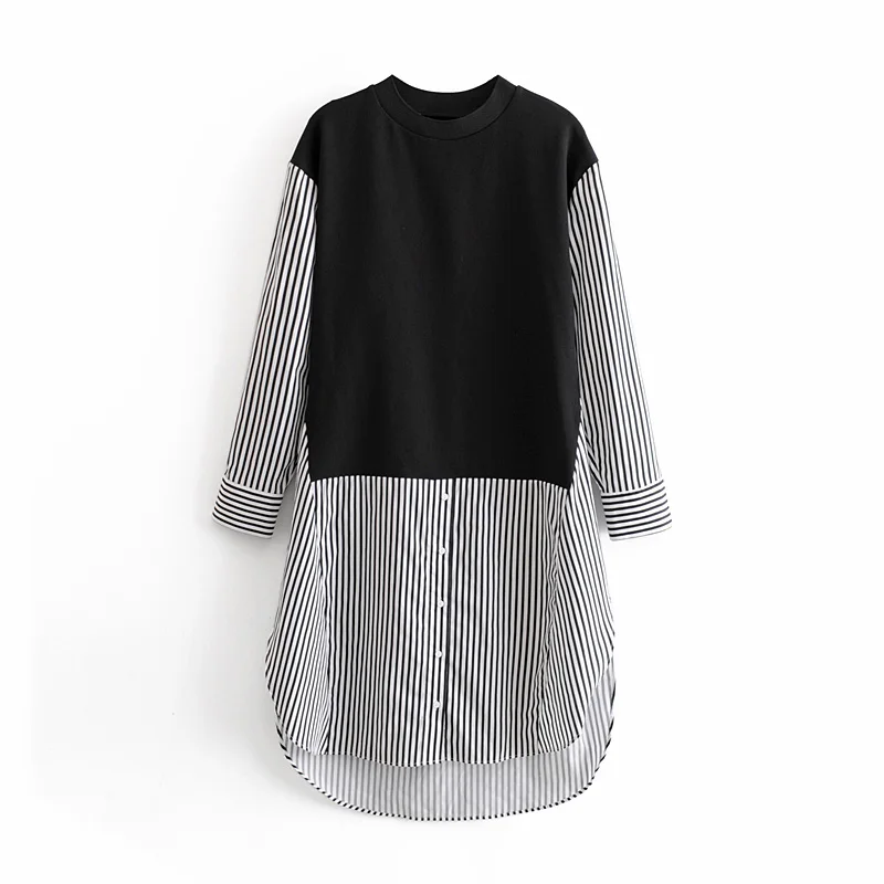 Stripe and black Модная женская длинная рубашка Za, осень, повседневные Лоскутные рубашки с круглым вырезом, стильные свободные женские блузы с длинным рукавом, топы - Цвет: Stripe and black