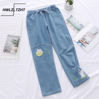 

Japanese Cute Cartoon Denim Pants Female Stretch High Waist Jeans Women Korean Fashion Embroidery Cat Teen Girl Loose Trousers