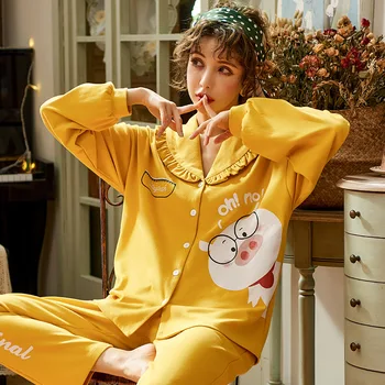 

New Autumn Winter Sleepwear 2 Piece Sets For Women's Cotton Pajamas Turn-down Collar Homewear Plus Size Pijama Pyjama XXXL