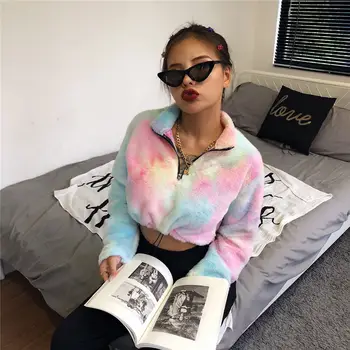 

2020 Women Fleece Sweater Harajuku Streetwear Rainbow Fleece Crop Tops Turtleneck Warm Night Club Teddy Sweaters
