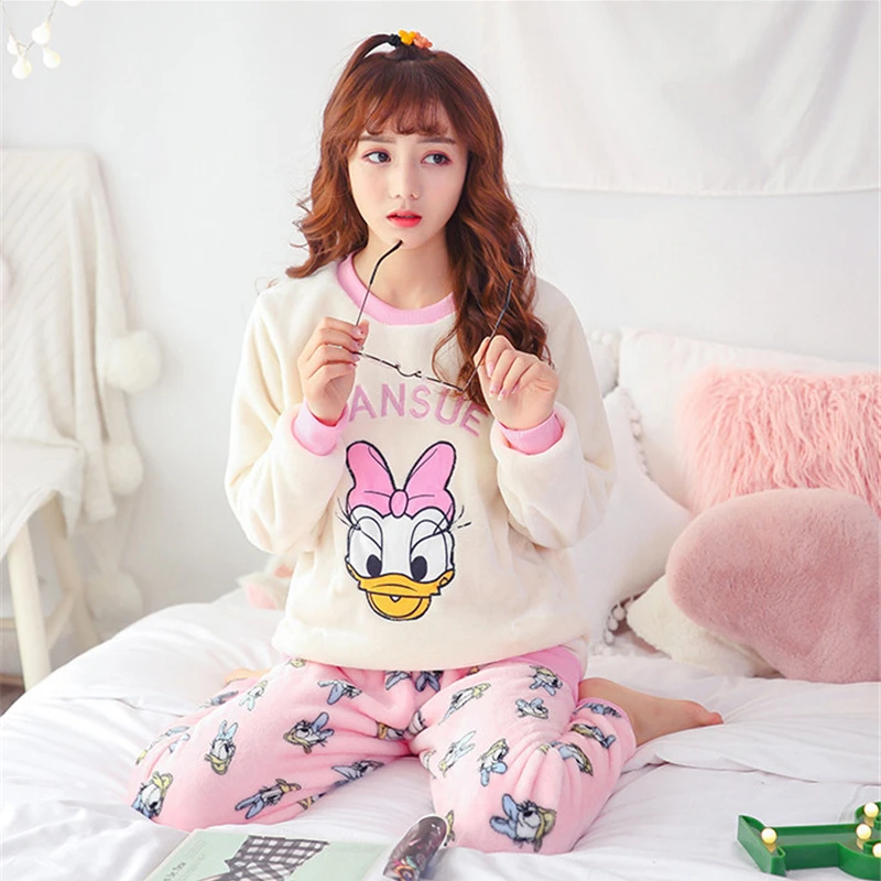 

Women Pajamas Set Autumn Winter Thicken Cartoon Mickey Printed Long Sleeve Cute Sleepwear Casual Homewear Flannel Female Pyjamas