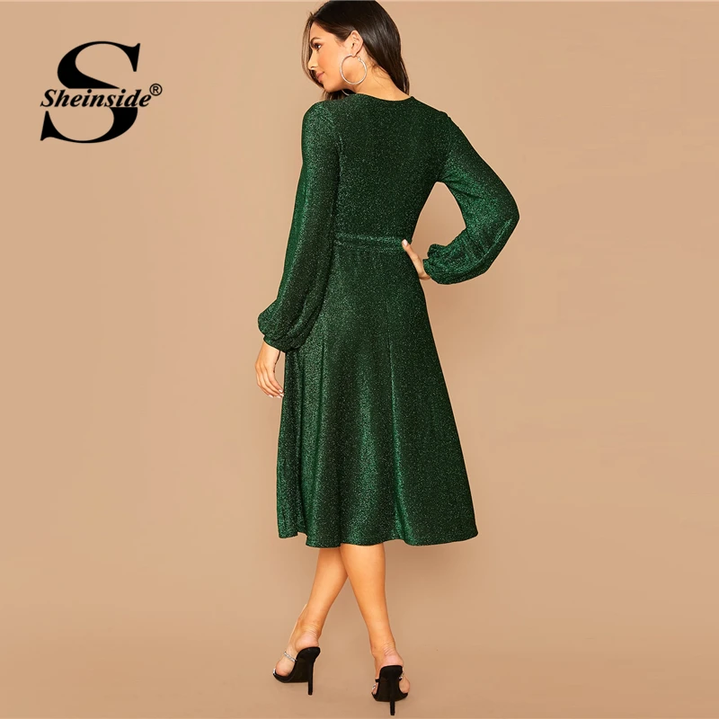 Goede Sheinside Green Elegant Glitter Detail Feestjurk Vrouwen 2019 Herfst Lantaarn Mouw Taille Midi Jurken Dames EEN Lijn Jurk