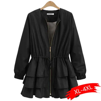 

2020 New Spring Fashion Tide Black O-neck Long Sleeve Patchwork Cascading Ruffles Loose Big Size Woman Coat jackets