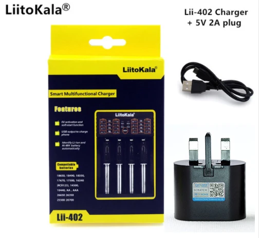 Lii402and 5V2A UK Liitokala Lii-402 18650 зарядное устройство, Зарядка 18650 1,2 в 3,7 в 3,2 в AA/AAA 26650 10440 16340 NiMH литиевая батарея зарядное устройство - Цвет: Lii402and 5V2A UK