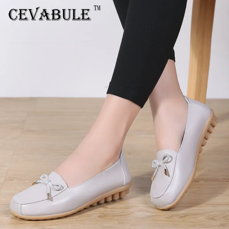 

CEVABULE Bow Size Leather Mother Shoes Low Flat Soybean Shoes Casual Women's Shoes Beef Tendon Soft White Nurse Shoes CQY- K3598