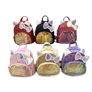 

Women Girls Glitter Sequin Backpack Fashion Shiny PU Leather Schoolbag Small Shoulder Bag with Ears & Bowknot
