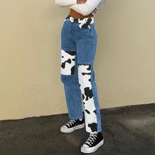 New 2021 Womens Street Hip-hop Streetwear milk Print Wash Jeans Loose Casual Denim Wide Leg Pants Tide Woman Long Trousers