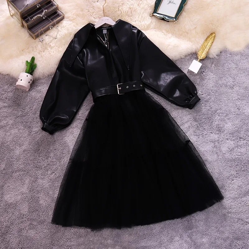 Ladies temperament PU leather stand collar lantern sleeves waist stitching mesh long windbreaker female autumn new - Цвет: black