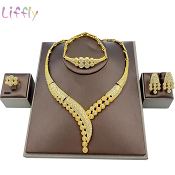 

Liffly African Elegant Bridal Wedding Jewelry Sets Gold Necklace Bracelet Earrings Ring Luxury Jewelry Party Fashion Jewelry Set