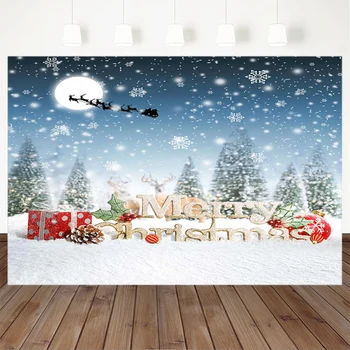 

Merry Christmas Backdrop Christmas Tree Reindeer Sled Big moon Snowflake Backdrops Party Photography Background For Photo Studio