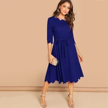 Joineles/элегантное Стильное женское офисное ретро платье, однотонные синие пояса, винтажное платье с волнистыми рукавами, миди платье, вечерние платья