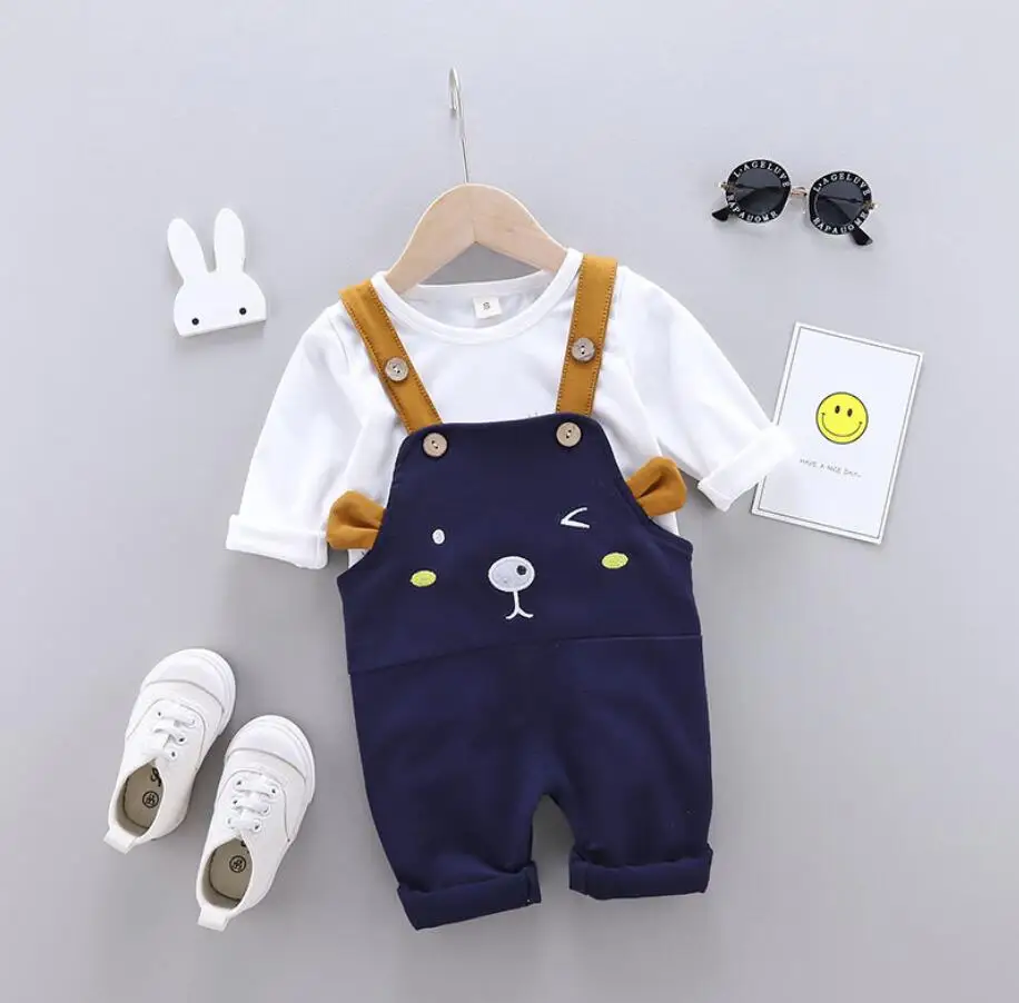 Комплект одежды для малышей; модная футболка с длинными рукавами и рисунком кота+ комбинезон; комплект из 2 предметов; одежда для маленьких мальчиков и девочек; школьная одежда для маленьких девочек