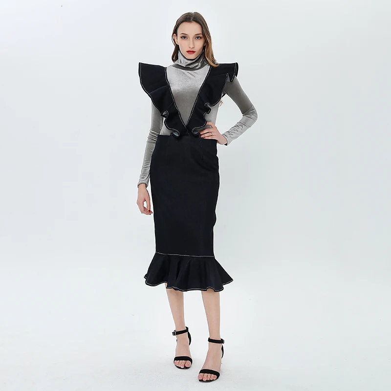 CHICEVER, Корейская женская юбка на подтяжках, плиссированная, миди, длинная, джинсовая, высокая талия, повседневная, труба, юбки для женщин,, осенняя одежда, новинка