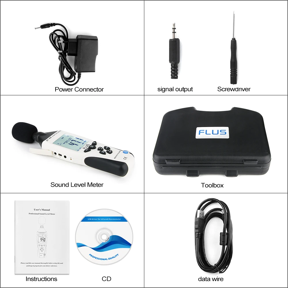 FLUS Sound Level Meter Digital Professional Sound Level Meter Sonometros Noise Audio Level 30-130dB USB Cable Decibels Meter 6