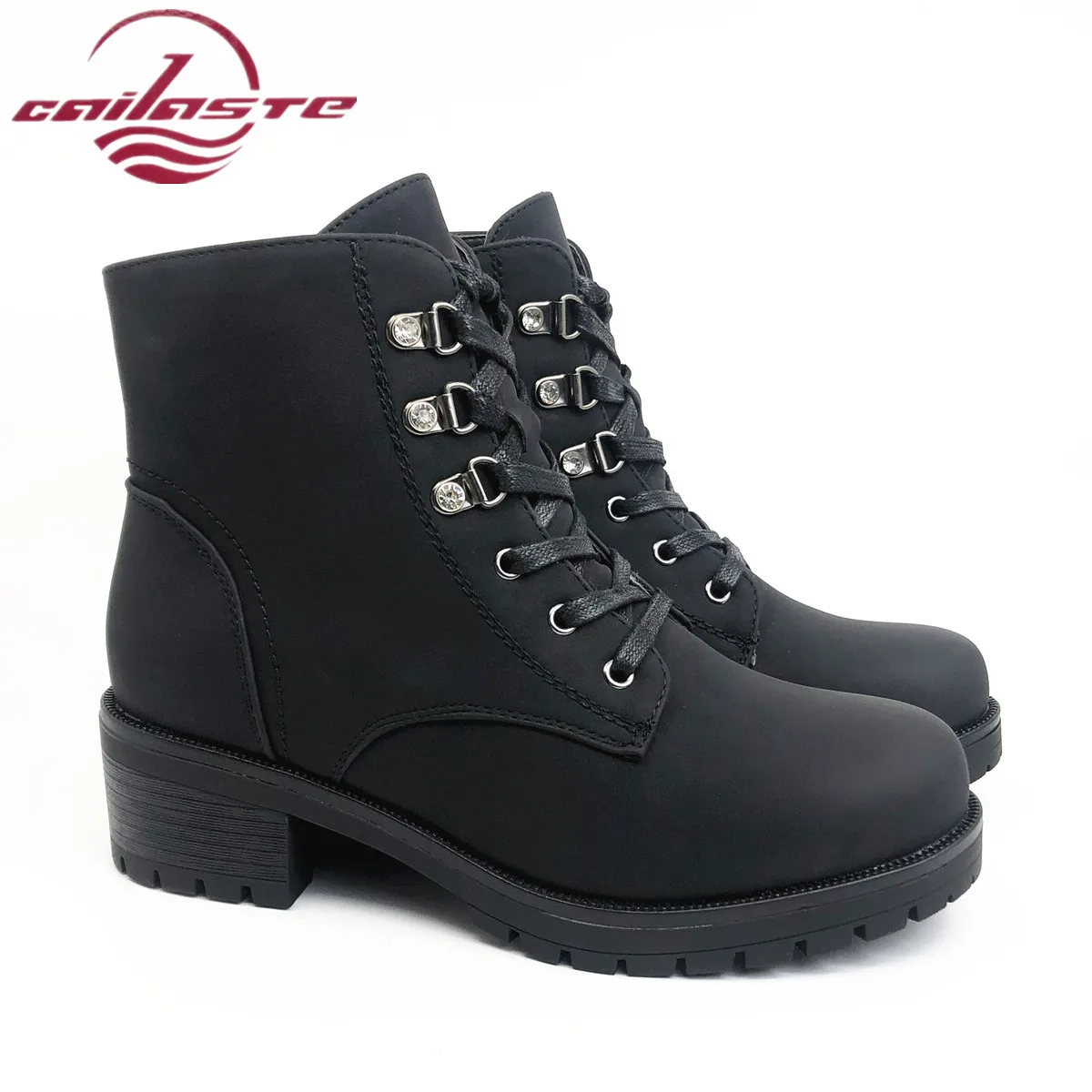 

CAILASTE Women winter med high heel shoes Wool blend insole warm fur platform ankle boots lace up inner zipper shoes crystal