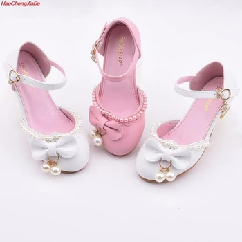 

Girls Fashion Kids Dress Shoes Pearls Princess Shoes Toe Cap Shinny Party Dance High Heel 26-37 for Girls School