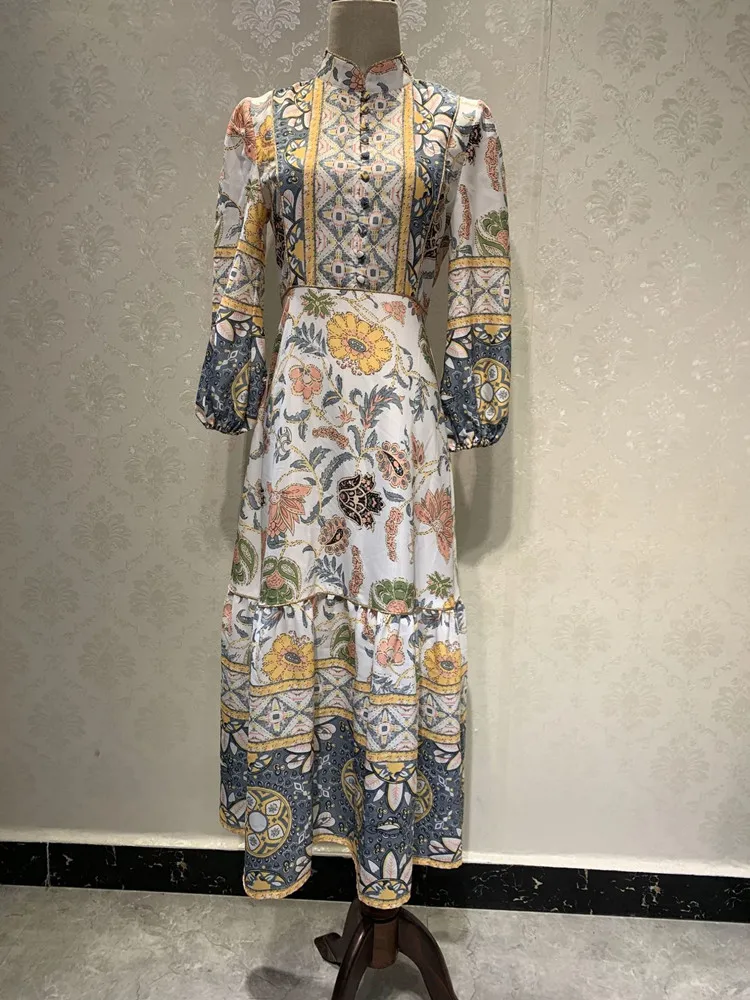 Turquoise Винтажное хлопковое и льняное платье русалки с национальным цветочным принтом, женское длинное платье для отпуска с рукавом-фонариком в стиле бохо - Color: Turquoise
