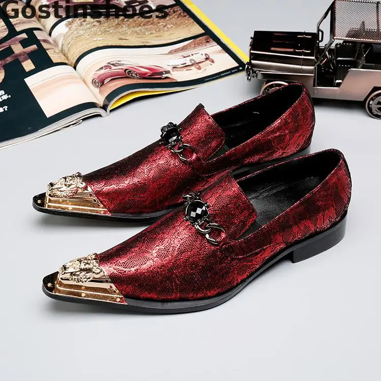 

Men Leather Shoes Red Casual Genuine Leather Loafers Metal Capped Toe Pointed Slip-on Fashion Shoes For Party Wedding
