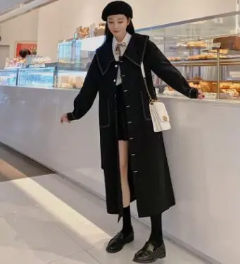 Весна Осень женское длинное пальто с отложным воротником Harajuku женский черный плащ Casaco Feminino Abrigo Mujer Тренч Femme J522 - Цвет: black