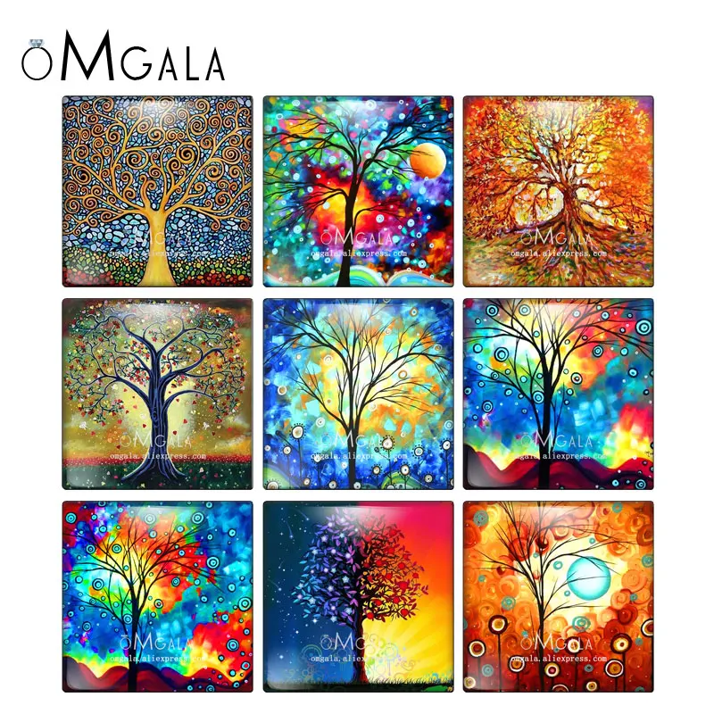

Colorful Life of Tree Art Paintings Square 10pcs mixed 12mm/20mm/25mm/30mm photo glass cabochon demo flat back Making findings