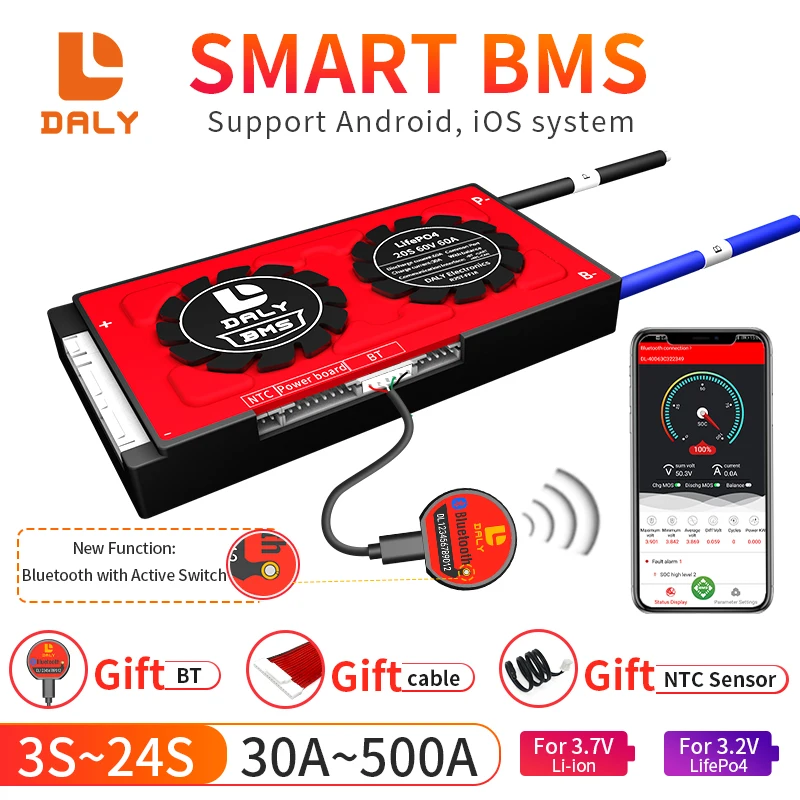 Daly 스마트 BMS 4S LiFePo4 12V 24V 36V 48V 60V 72V 400A 팬 리튬 이온 LTO 3S 7S 8S 10S 12S 13S 14S 15S 16S 17S 20S 24S