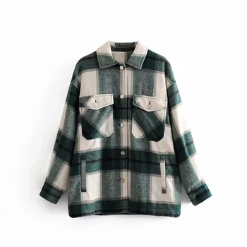 

women winter green plaid long coat Korean jacket casual warm overcoat buttons pockets 2020 autumn fashion loose shirts coats