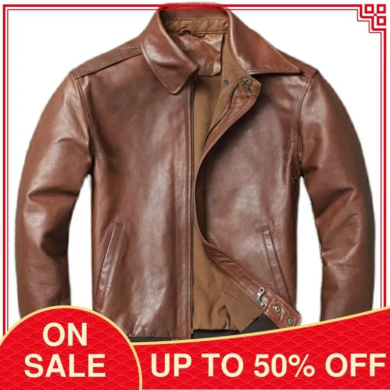 

2020 Retro Brown Military Style A2 Leather Jacket Men Plus Size 4XL Genuine Cowhide Spring Slim Fit Aviator Leather Coat