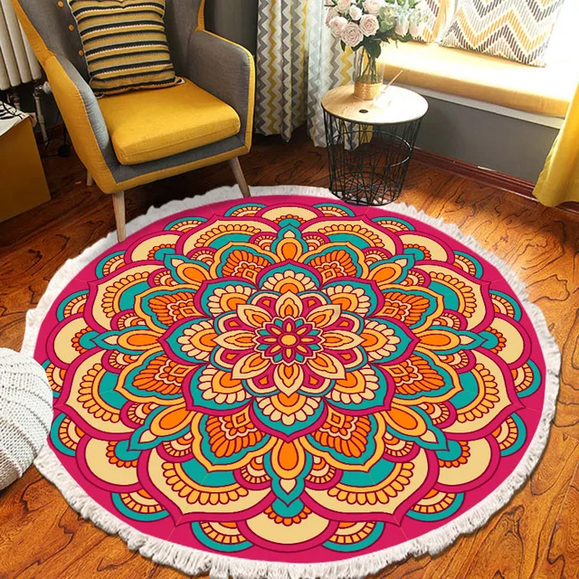 ​Home Decor Retro Bohemian Round Carpet Hand Woven Cotton Linen Carpet Rug Bedside Rug Geometric Floor Mat Living Room Carpet E