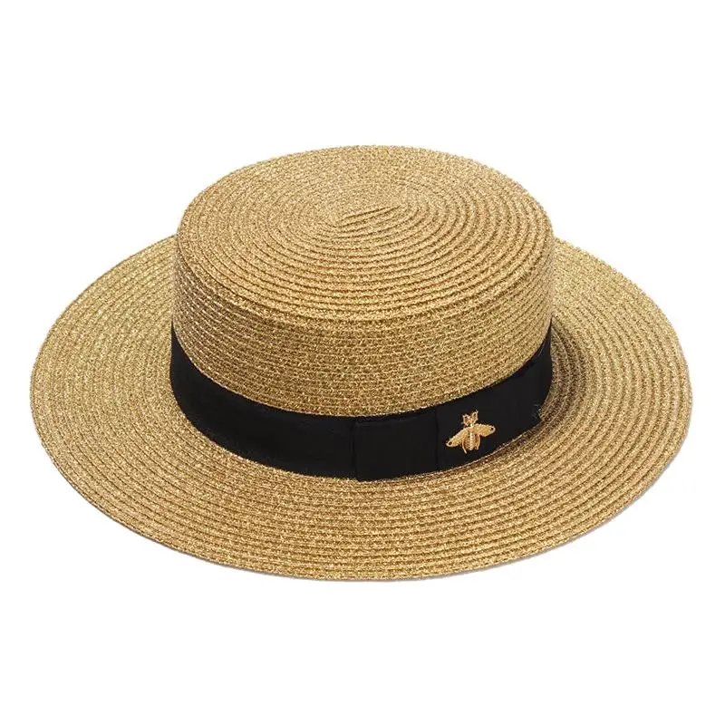 Fashion Sequins Sunscreen Paper Straw Hat Spring Summer British Flat Top Panama Sunshade Golden Bee Beach Hat beach hat,women sun hat