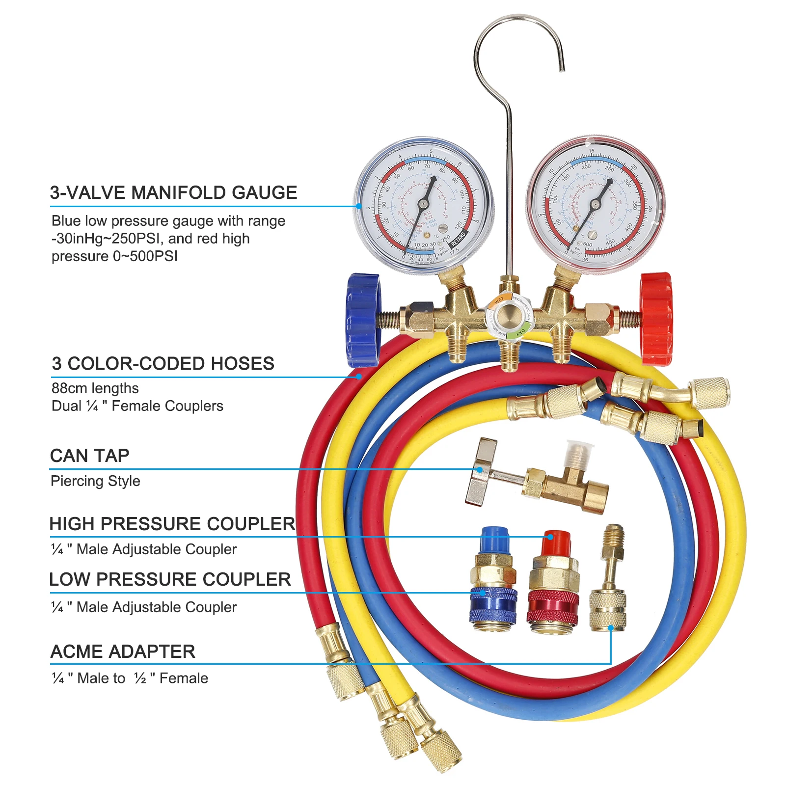 3 Way AC Manifold Gauge Set with Hoses Couplers & Adapter Refrigerant AC Gauges Automotive AC