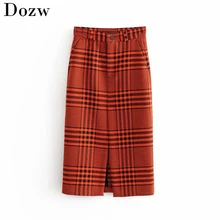 Винтажная Женская клетчатая юбка с высокой талией, модные прямые женские юбки с разрезом спереди, Модная элегантная женская юбка миди