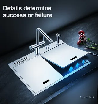 

Asras 6449Y SUS304 handmade kitchen sink hidden sink covered sink lids fine brushed with drainer and kitchen tap free shipping