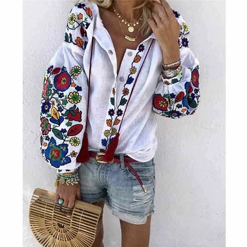

New Fashion Women O Neck Long Puff Sleeve Coat Floral Print Button Jacket Ladies Casual White Outerwear Holiday Wear Autumn