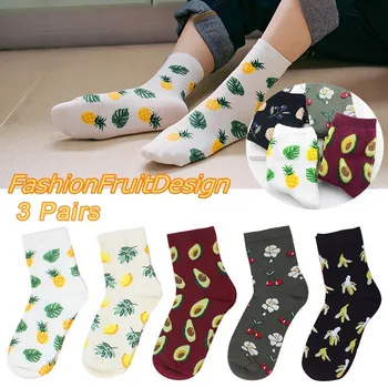 

3 Pairs Socks Fruit Pattern Cute Warm Breathable Elasticity For Autumn Winter Women GDD99