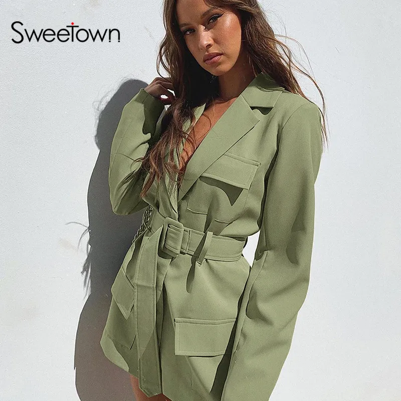 Sweetown 2020 Autumn Classic Long Trench Coat With Belt England Style Ladies Streetwear Turn Down Collar Female Windbreaker