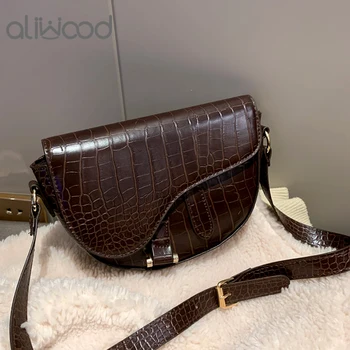 

aliwood Brands Fashion Women Shoulder Bags Alligator Leather Saddle Females Crossbody Bags Crocodile Retro Mini Messenger Bags