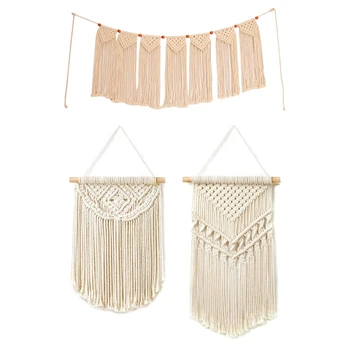 

Fashion2Pcs Macrame Wall Hanging Small Woven Tapestry & 1Pcs Macrame Woven Wall Hanging Fringe Garland Banner