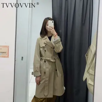 

TVVOVVIN Autumn Three-colour Classic Autumn Long Fund Solid Color Match Belt Windbreaker Both Row Buckle Loose Coat Woman ZX128