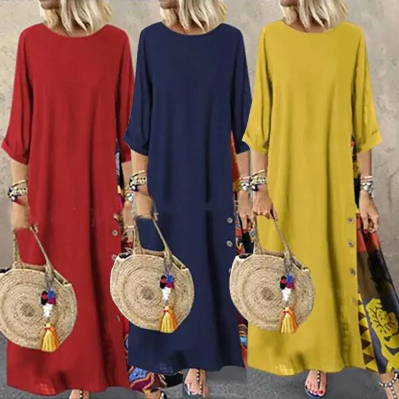 Boho женское платье средней длины с круглым вырезом, Длинное Макси-кафтан, женское платье с принтом, прямые свободные платья, большие размеры M-5XL
