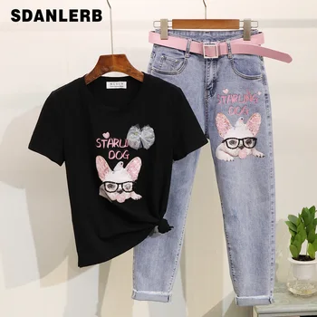 

Summer Clothes for Women New Beads Sequin Cartoon Dog Short Sleeve T-shirt + High Waist Jeans Two-Piece Set Conjunto Feminino