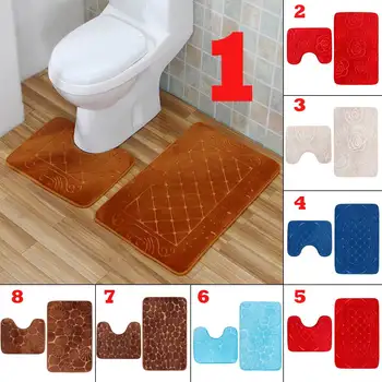 

2pcs Bathroom Set Carpet Absorbent Non-Slip Pedestal Rug Bath Mat Fleece Floor Bath Mats Washable Bathroom Toilet Rugs