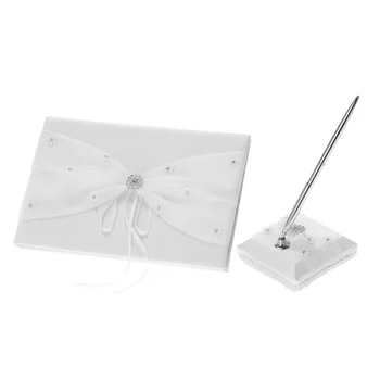 

White Satin Wedding Guest Signature Book Sign Book Pen Stand with Lace Rhinestone Guest Book Wedding Decoration Party Supplies